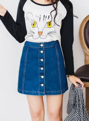 A-line Pencil Jeans Skirt Front Button High Waist Denim Skirt