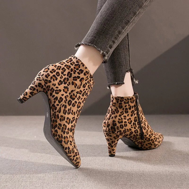 Amozae-Women Leopard Zip Spike High Heels Pointed Toe Ankle Boots Ladies Flock Fashion Short Boots Female Short Plush Casual Shoes B037