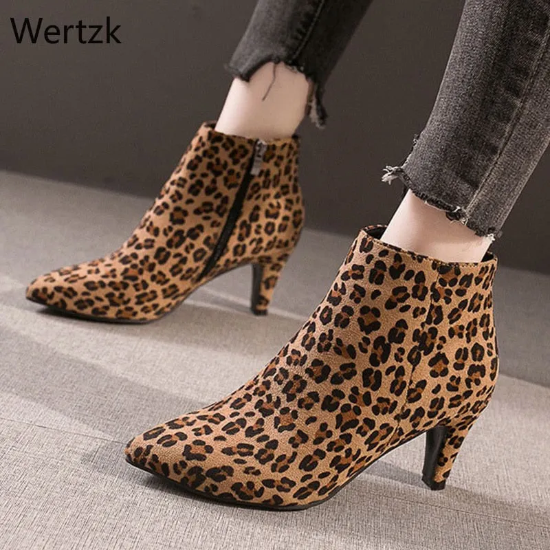 Amozae-Women Leopard Zip Spike High Heels Pointed Toe Ankle Boots Ladies Flock Fashion Short Boots Female Short Plush Casual Shoes B037