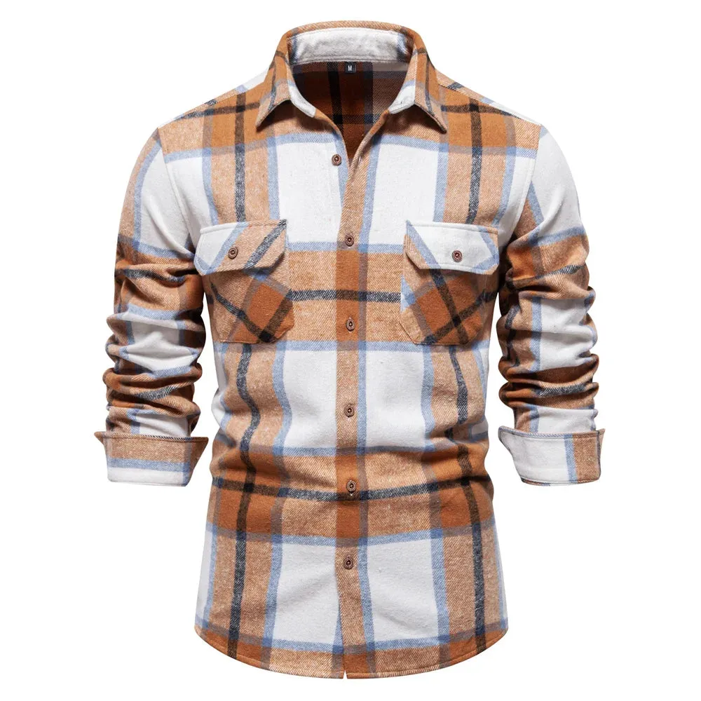 Autumn and Winter Thicken Plaid Shirt for Men Over Jacket Men Casual Classic Double Pockets Mens Shirts