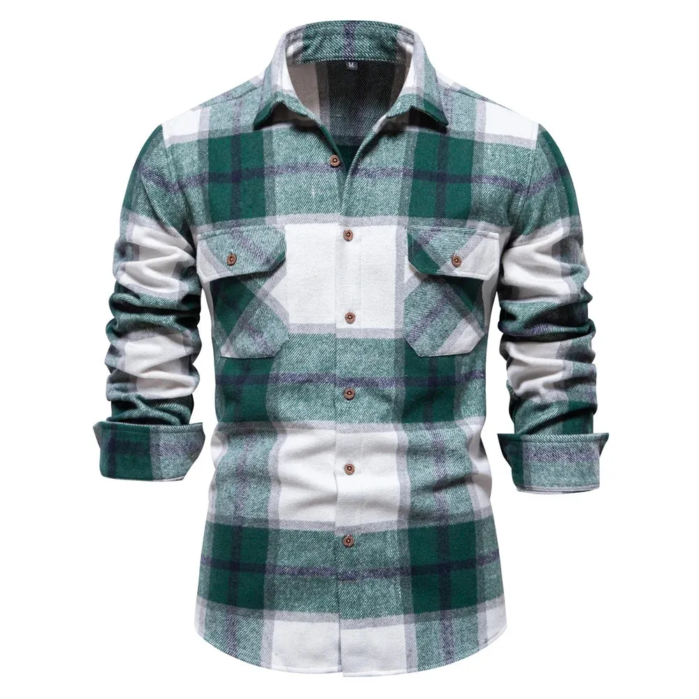 Autumn and Winter Thicken Plaid Shirt for Men Over Jacket Men Casual Classic Double Pockets Mens Shirts