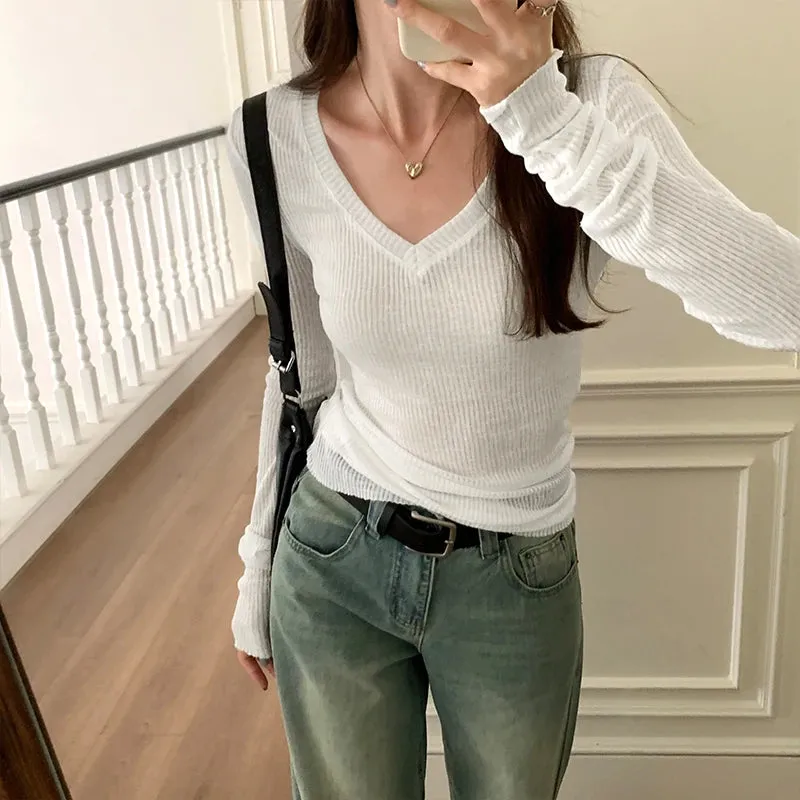 Autumn Sexy Classic V-neck Knitted Female T-shirts New Elastic Fashion Slim Simple Casual Pure Color Long Sleeves Women T-shirts