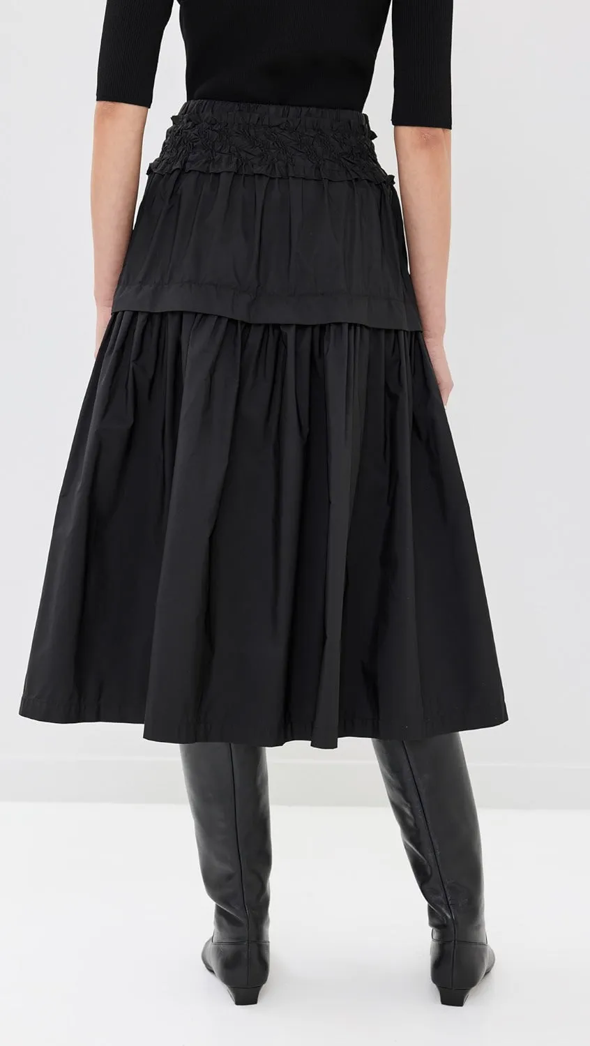 Belen Taffeta Smocked Tiered Skirt ~Black