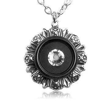 Black Floral Crystal Vintage Button Pendant