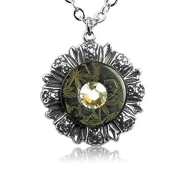 Black Floral Crystal Vintage Button Pendant