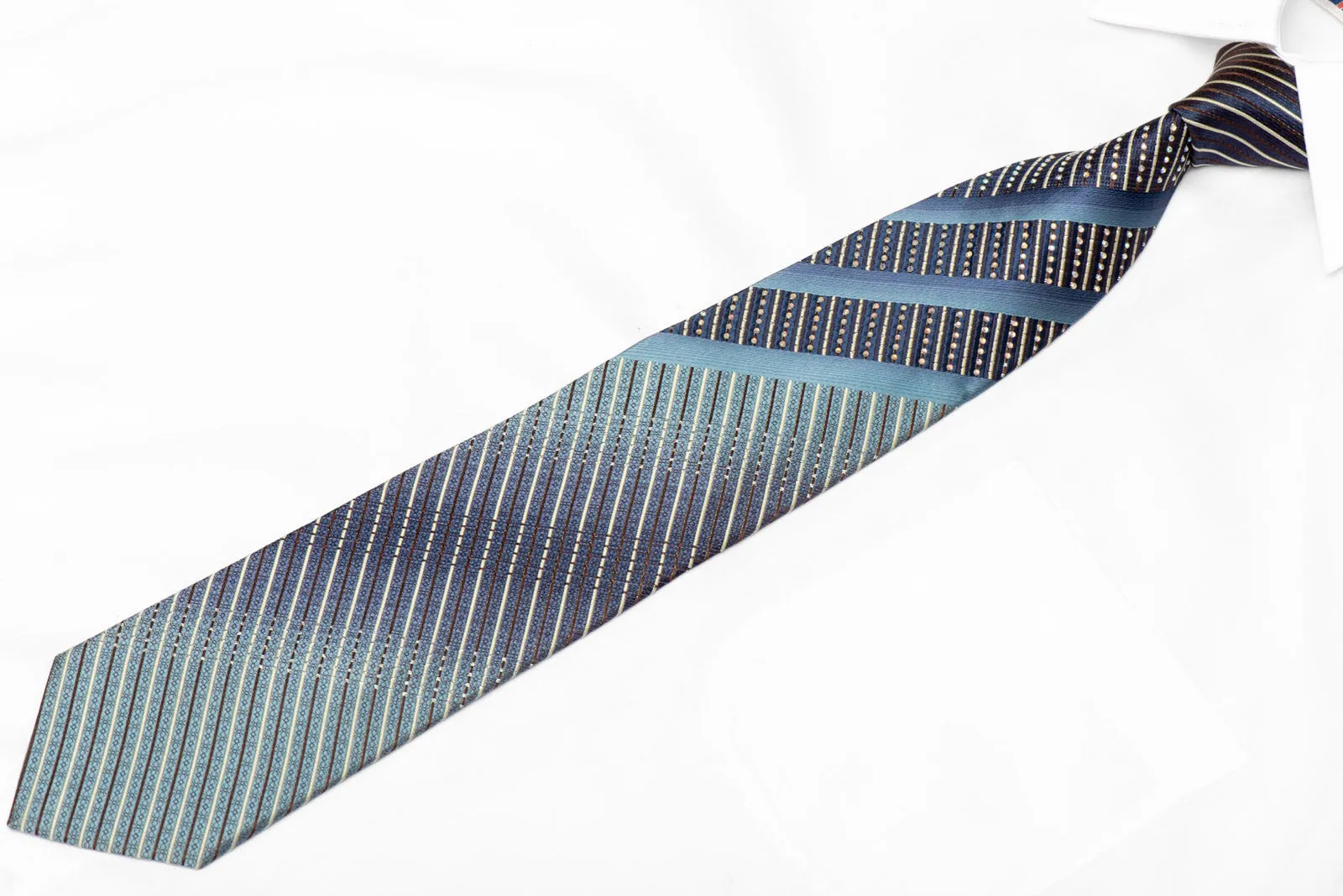 Blue Brown Striped Rhinestone Silk Necktie With Silver Sparkles