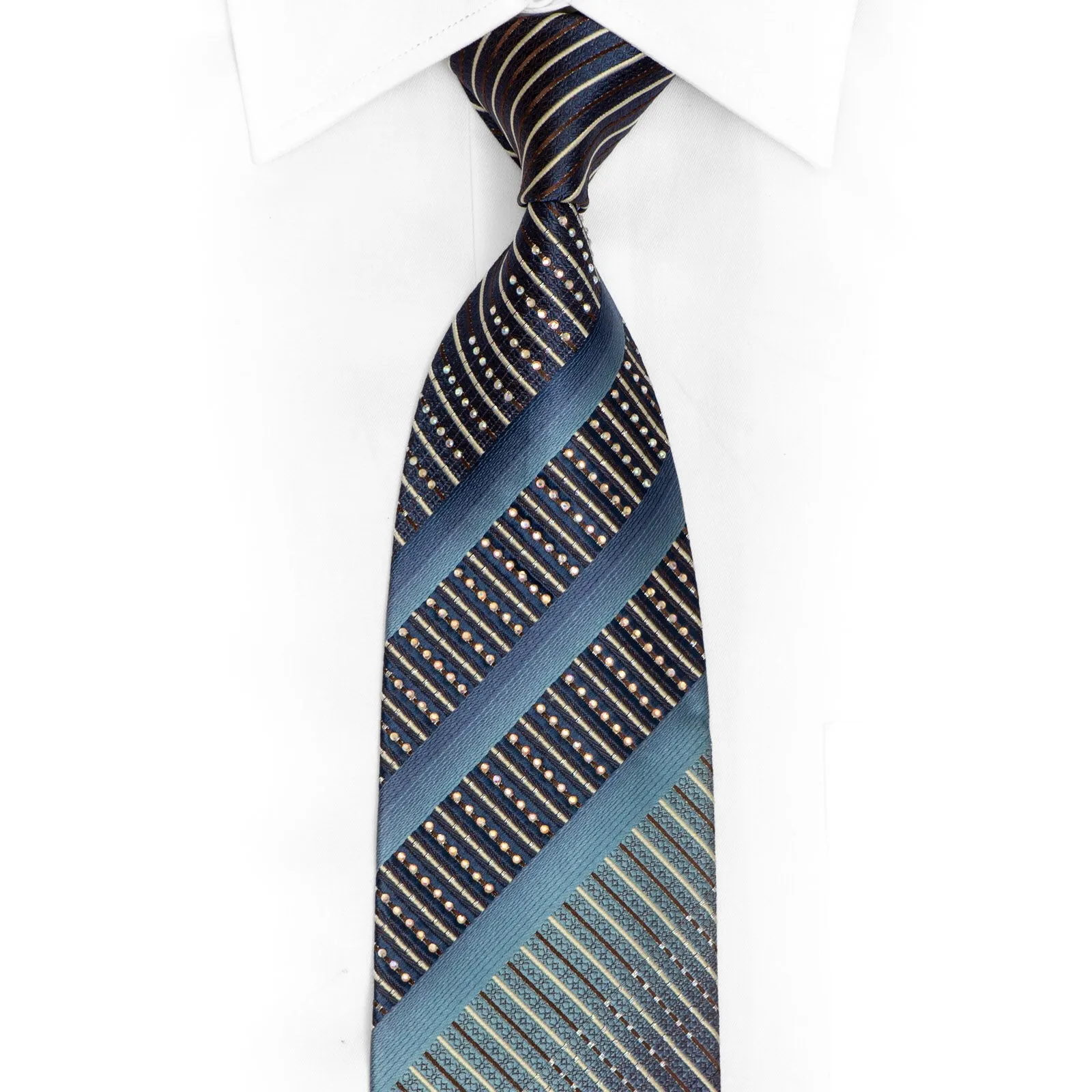 Blue Brown Striped Rhinestone Silk Necktie With Silver Sparkles