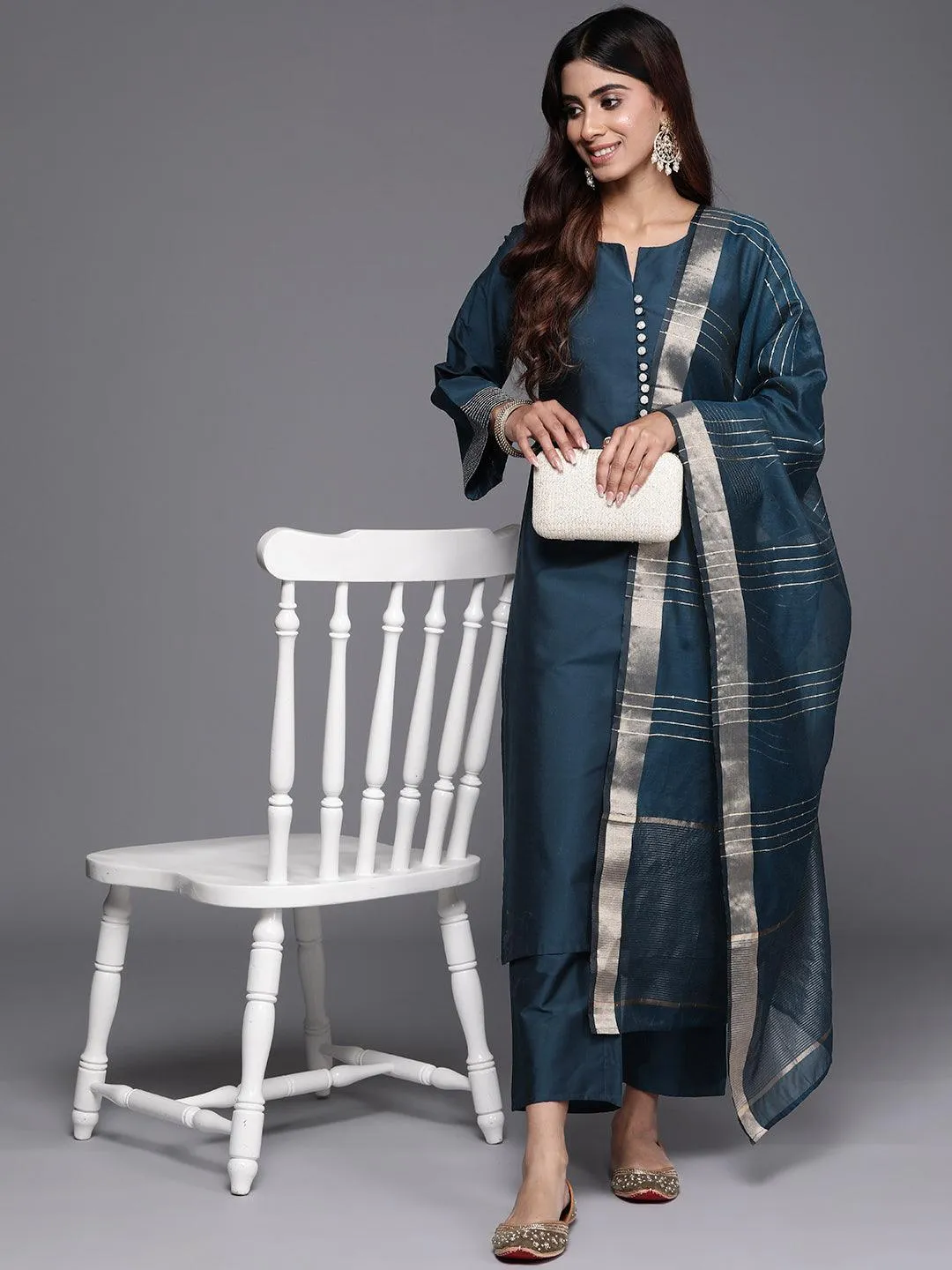 Blue Solid Silk Blend Straight Suit With Dupatta