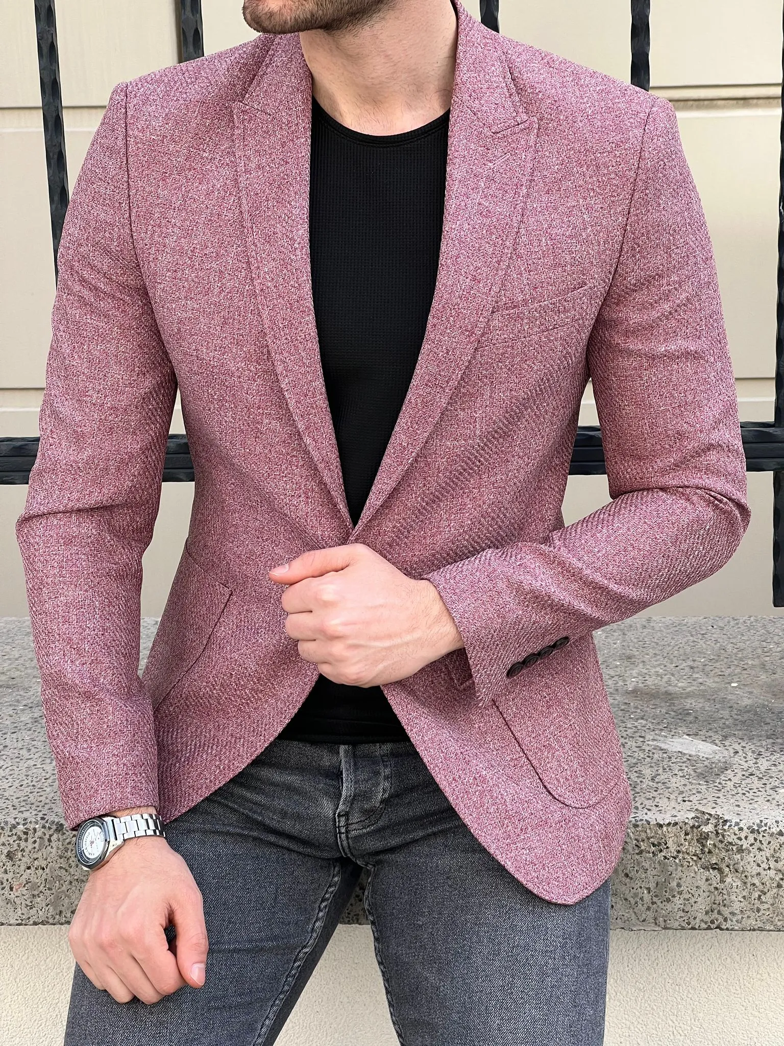 Bojoni Montebello Slim Fit High Quality Self Patterned Claret Red Blazer