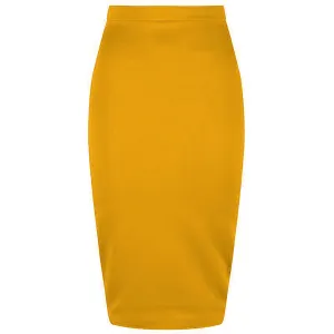 Classic Stretch Honey Yellow Pencil Bodycon Midi Office Work Skirt