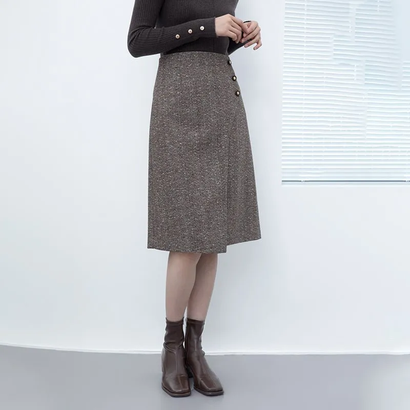 Dark Brown Irregular Split Wool Midi Skirts