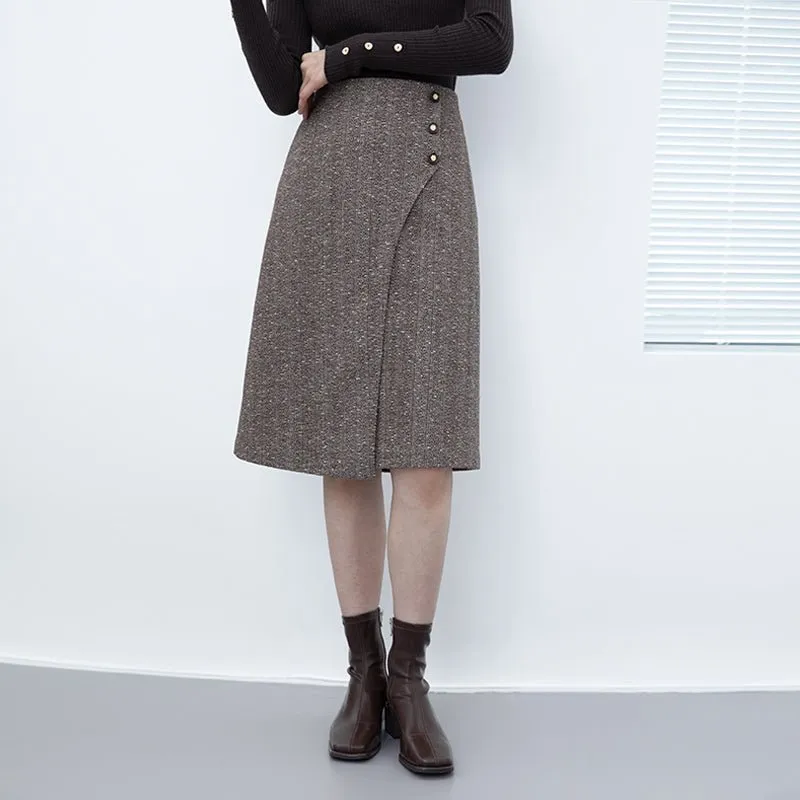 Dark Brown Irregular Split Wool Midi Skirts