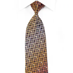 Elegance Men's Rhinestone Silk Necktie Orange Chevron Striped On Brown With Sparkles