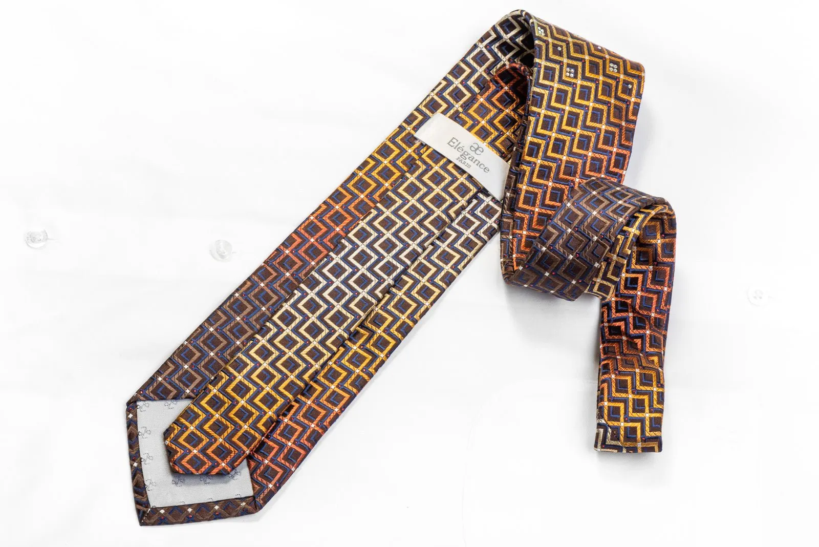 Elegance Men's Rhinestone Silk Necktie Orange Chevron Striped On Brown With Sparkles