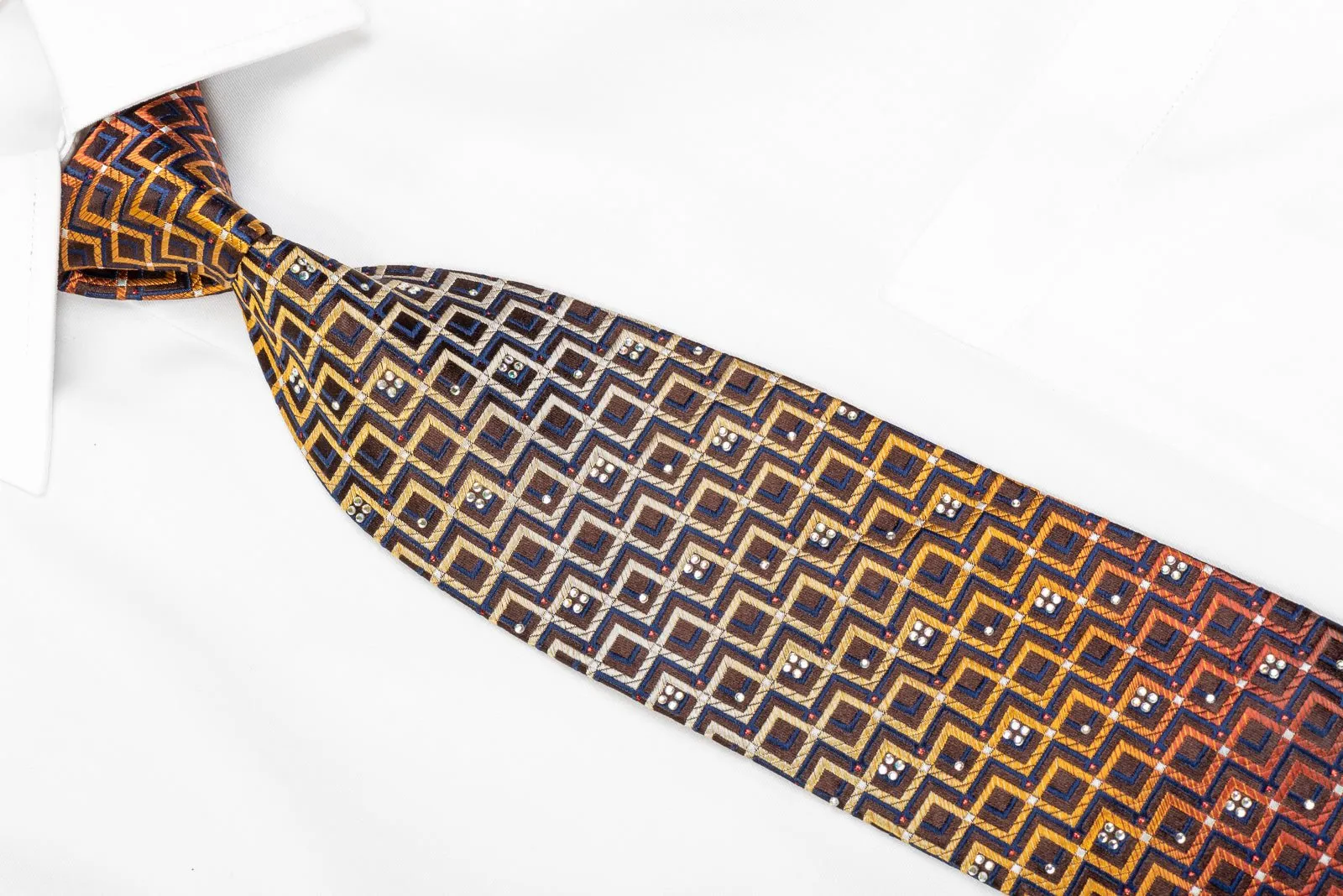 Elegance Men's Rhinestone Silk Necktie Orange Chevron Striped On Brown With Sparkles