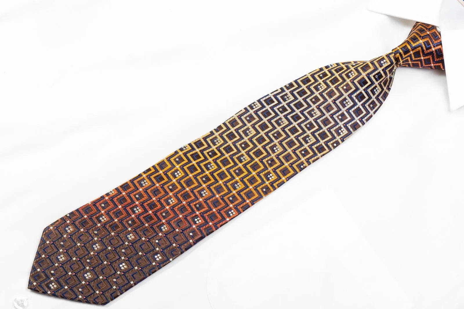 Elegance Men's Rhinestone Silk Necktie Orange Chevron Striped On Brown With Sparkles