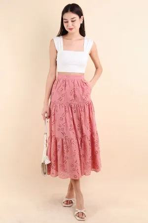 ELYSSA EYELET MIDAXI TIER SKIRT IN ROSE PINK