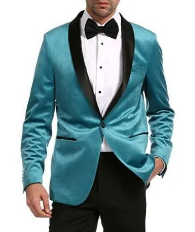 Enzo Turquoises Velvet Slim Fit Shawl Lapel Tuxedo Men's Blazer