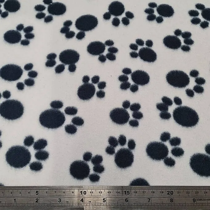 Fleece And Fur Patterned Fleece Paw Prints Black on White