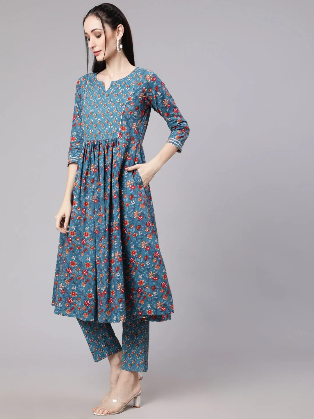 Floral Printed Empire Pure Cotton Kurta With Trousers & Dupatta - The Nks Plus