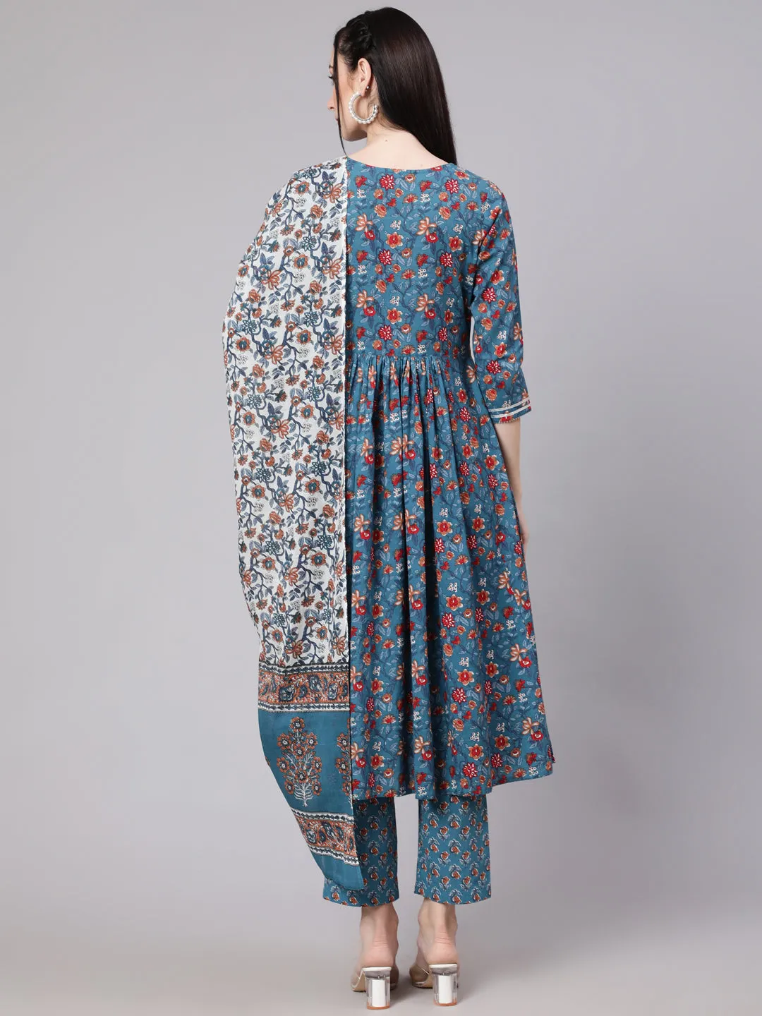 Floral Printed Empire Pure Cotton Kurta With Trousers & Dupatta - The Nks Plus