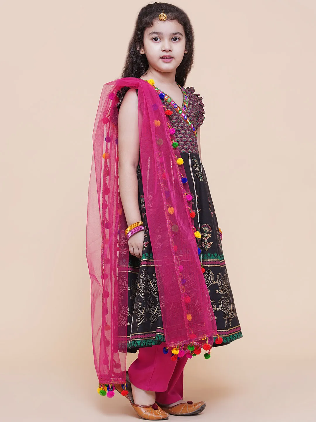 Girl's Black Foil Printed Kurta With Trouser & With Duppta  - Bitiya By Bhama