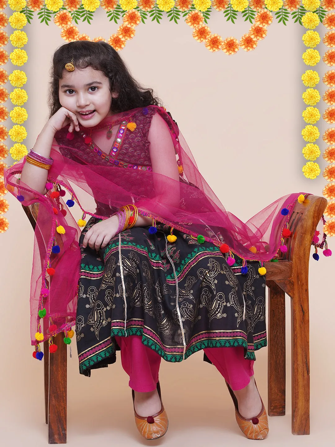 Girl's Black Foil Printed Kurta With Trouser & With Duppta  - Bitiya By Bhama