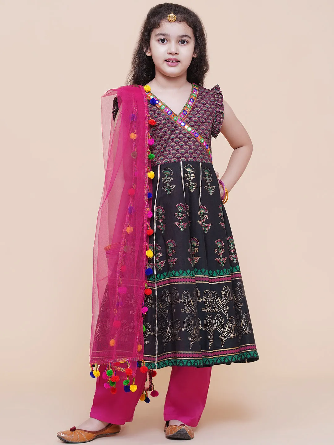 Girl's Black Foil Printed Kurta With Trouser & With Duppta  - Bitiya By Bhama