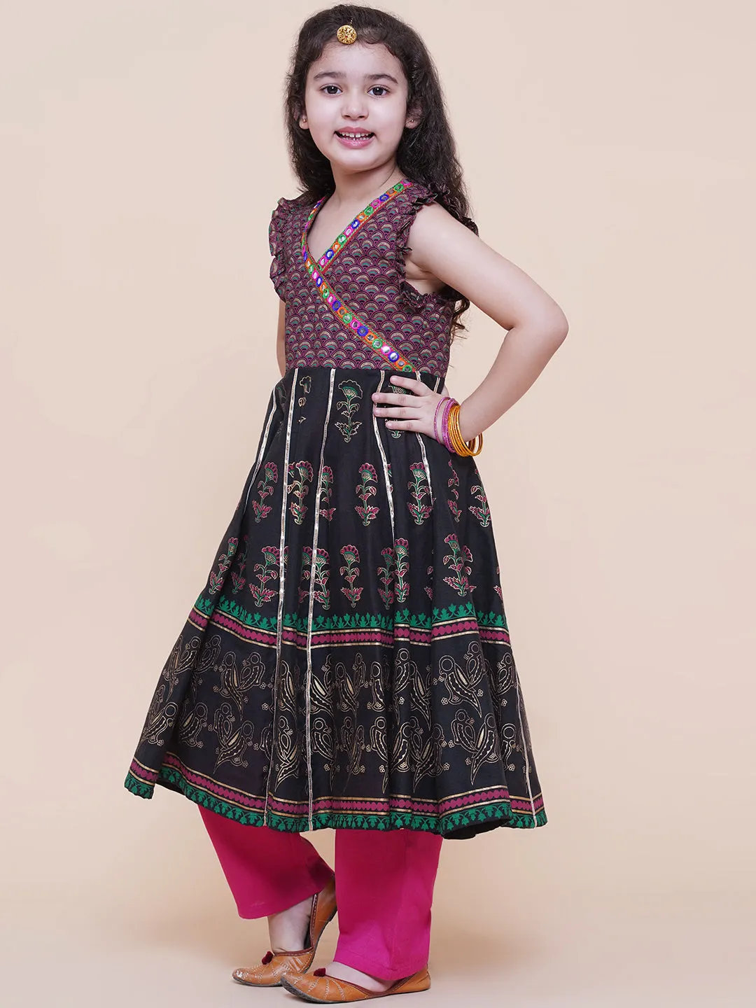 Girl's Black Foil Printed Kurta With Trouser & With Duppta  - Bitiya By Bhama