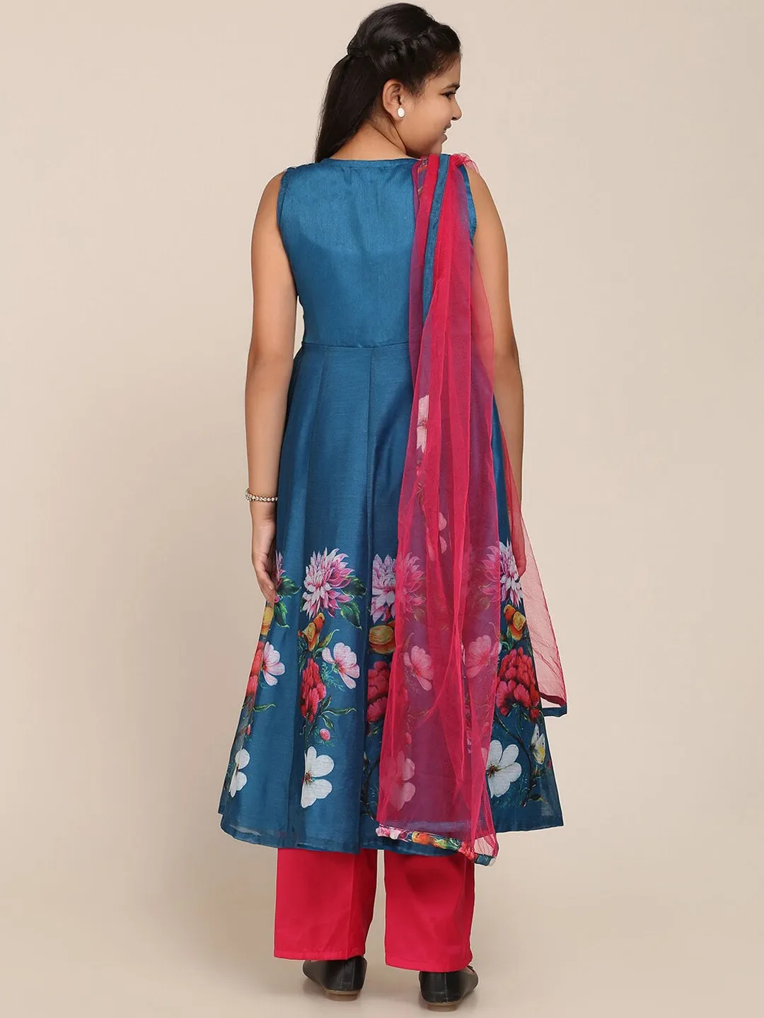 Girl's Blue & Fuchsia Floral Printed Pleated Kurta with Trousers & Dupatta - NOZ2TOZ KIDS