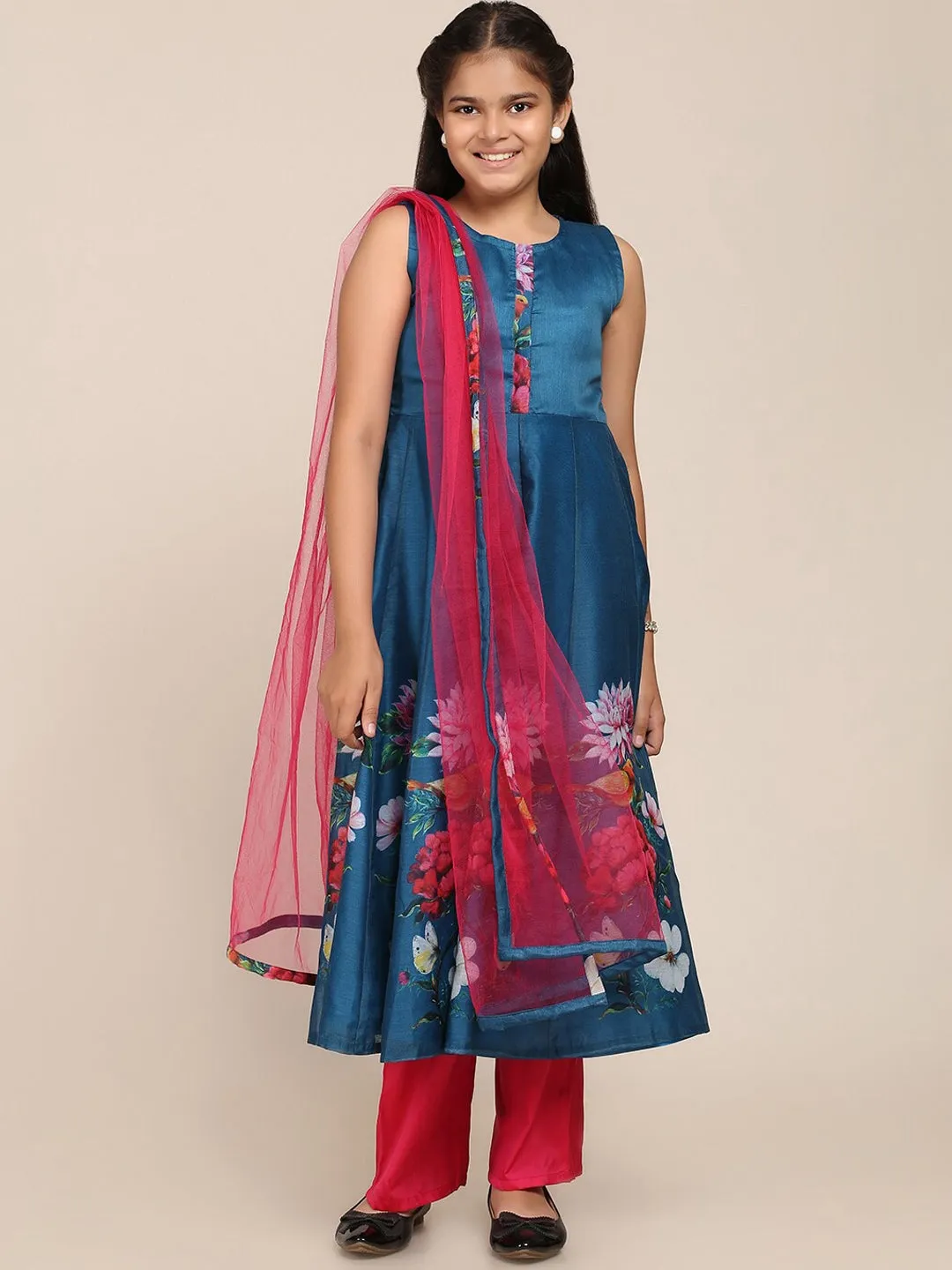 Girl's Blue & Fuchsia Floral Printed Pleated Kurta with Trousers & Dupatta - NOZ2TOZ KIDS