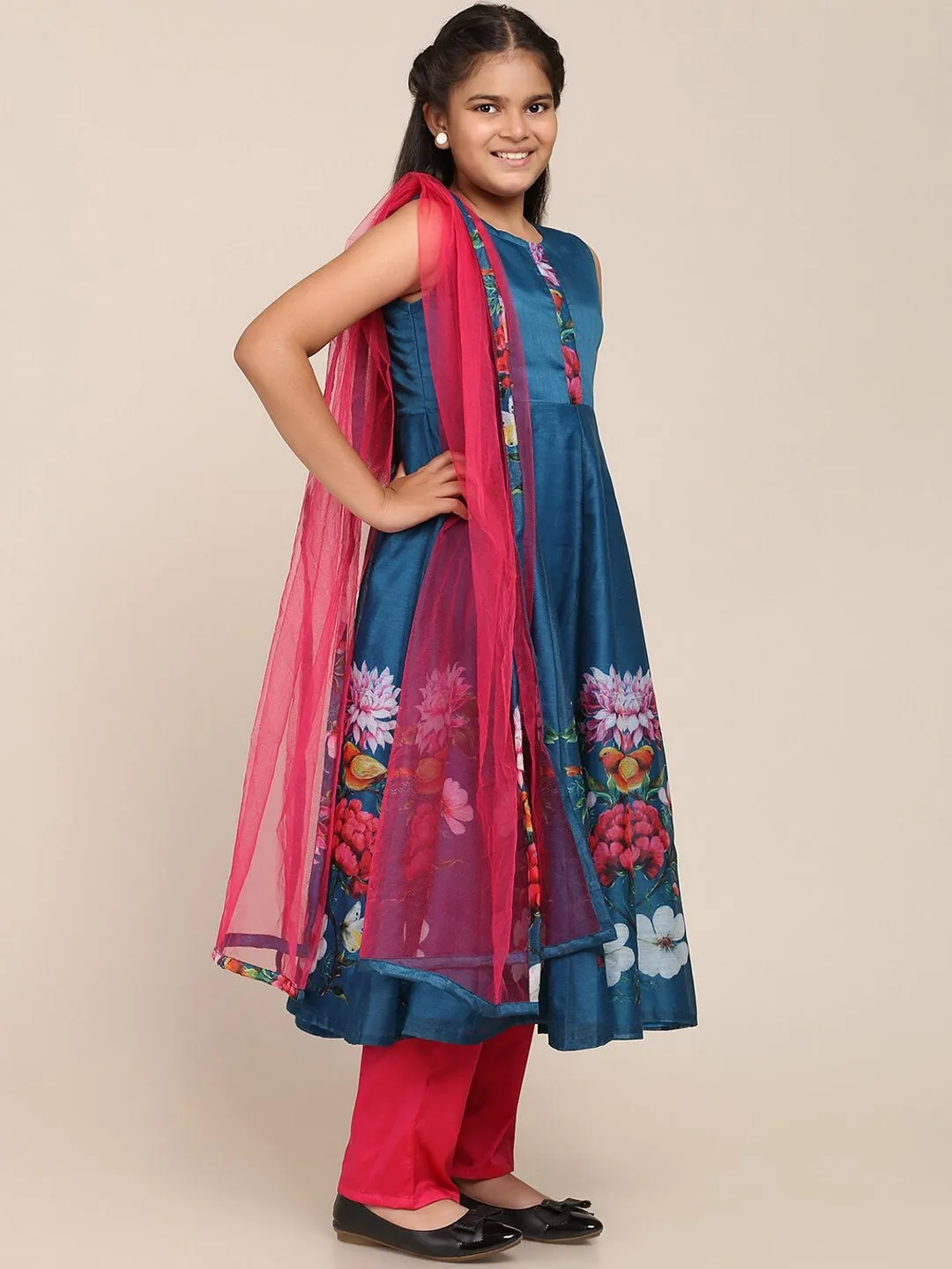 Girl's Blue & Fuchsia Floral Printed Pleated Kurta with Trousers & Dupatta - NOZ2TOZ KIDS