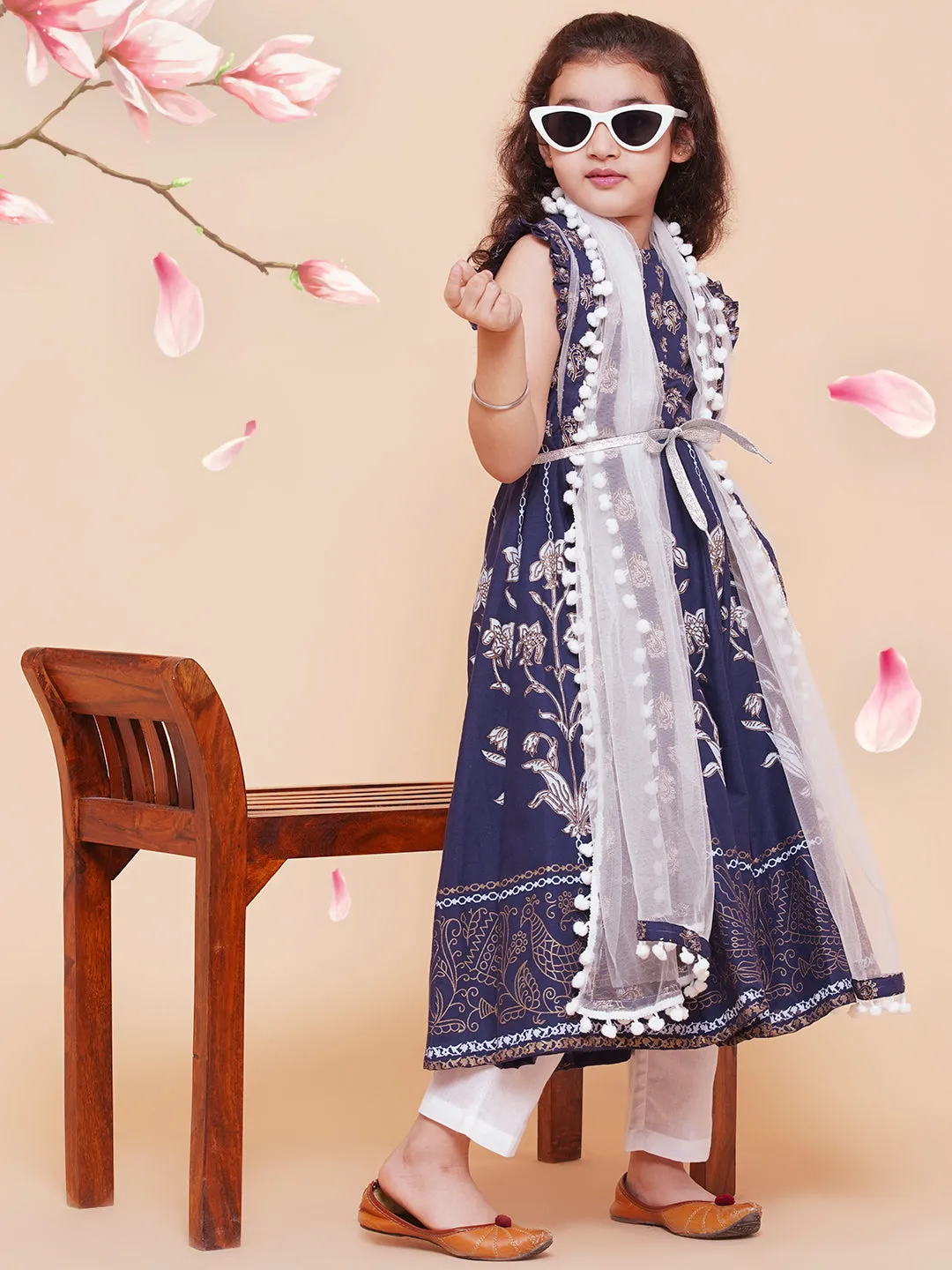 Girl's Blue Foil Printed Kurta With Trouser & With Duppta  - Bitiya By Bhama