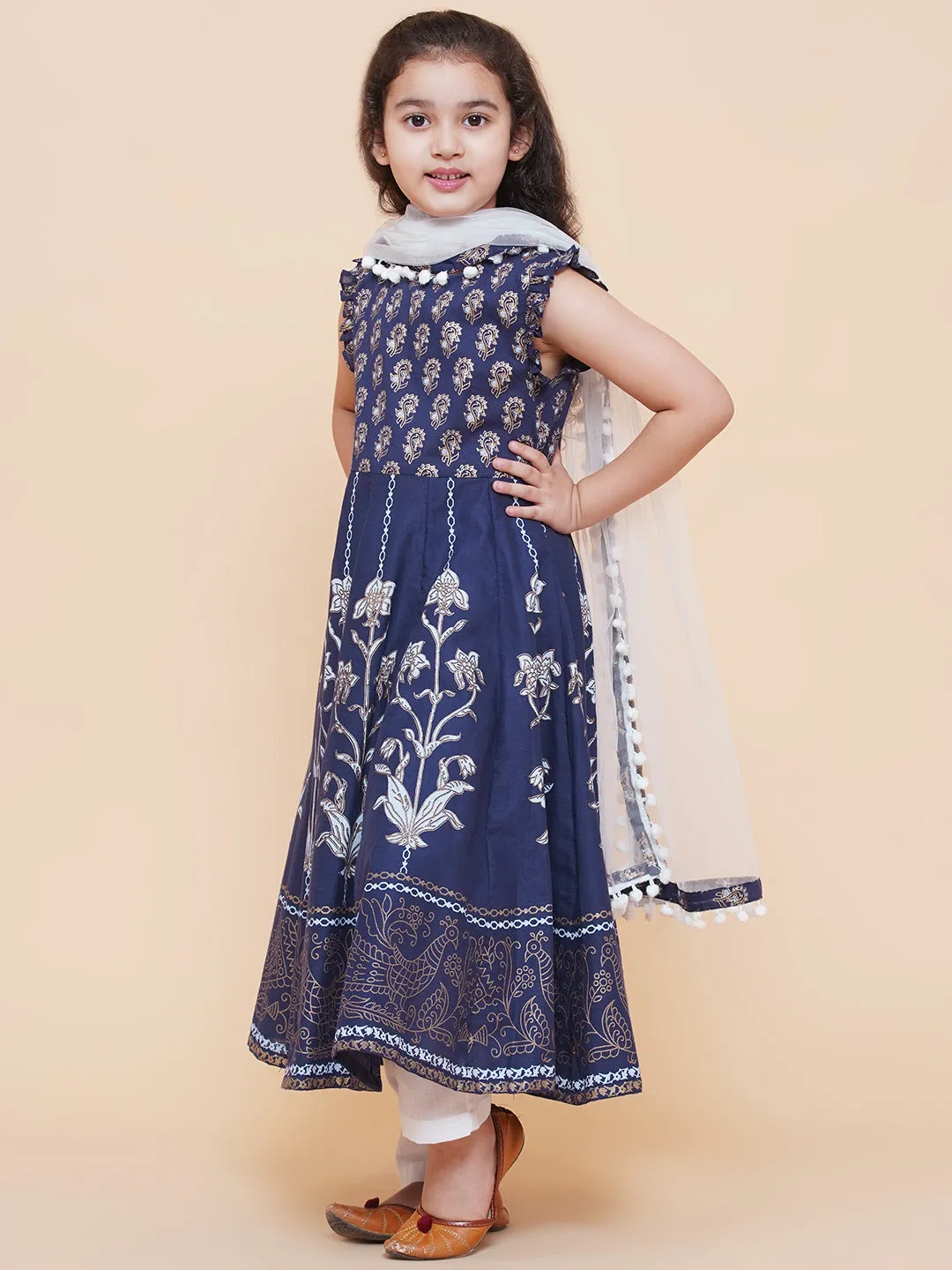 Girl's Blue Foil Printed Kurta With Trouser & With Duppta  - Bitiya By Bhama