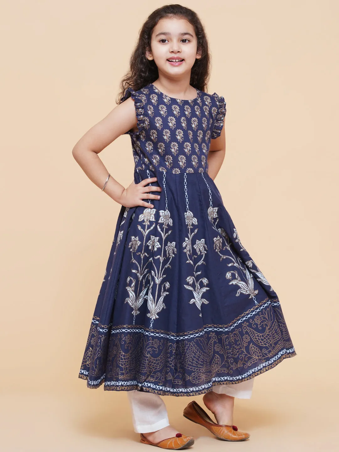 Girl's Blue Foil Printed Kurta With Trouser & With Duppta  - Bitiya By Bhama