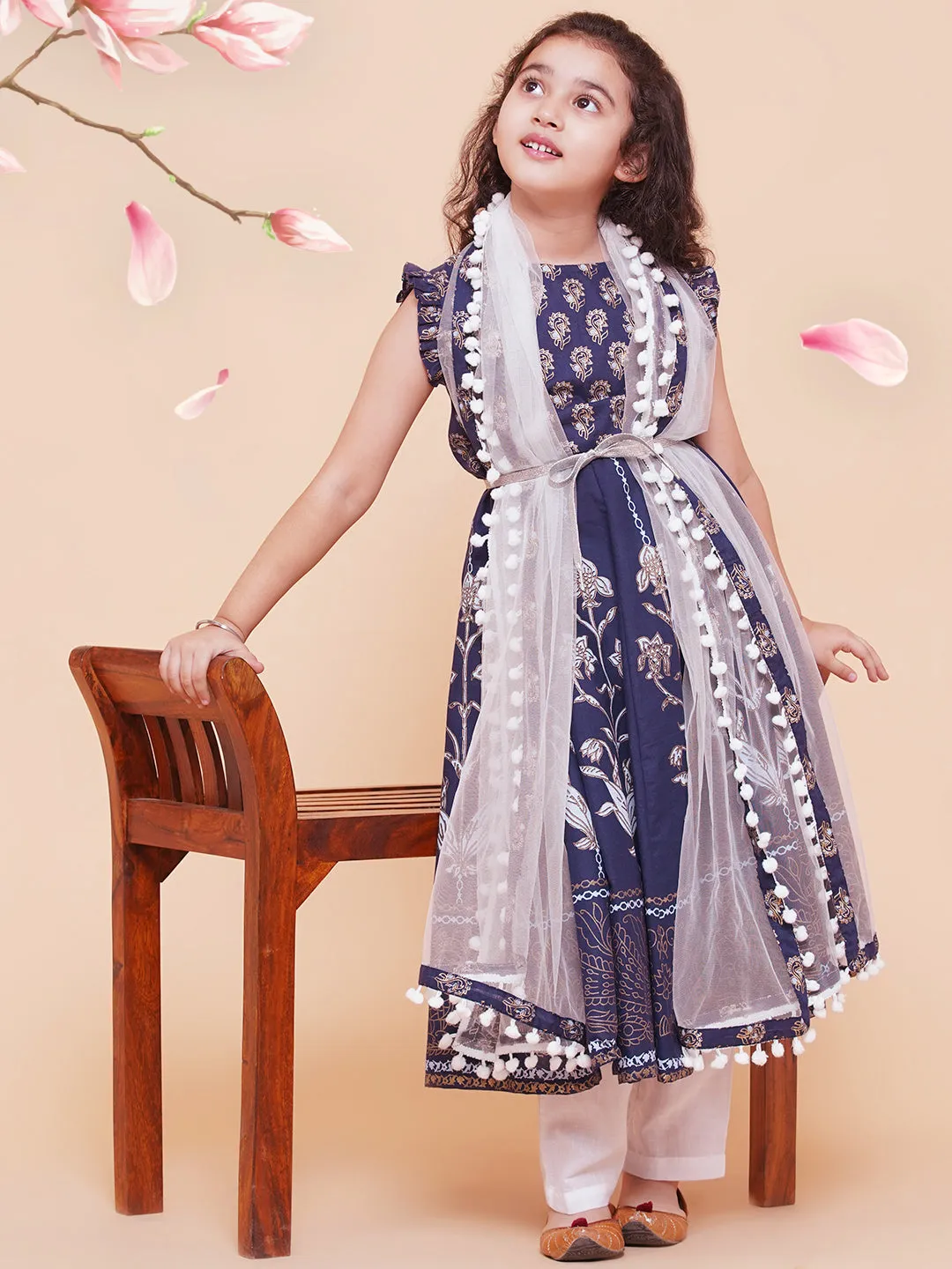 Girl's Blue Foil Printed Kurta With Trouser & With Duppta  - Bitiya By Bhama