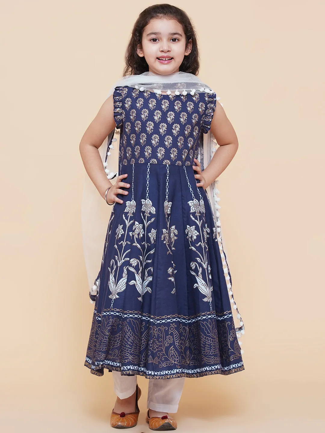 Girl's Blue Foil Printed Kurta With Trouser & With Duppta  - Bitiya By Bhama