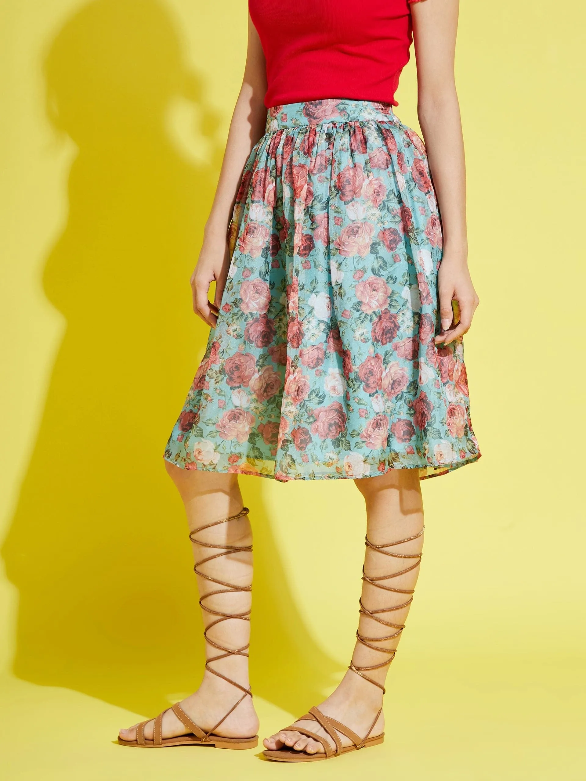 Girls Sea Green Organza Floral Gathered Skirt - Lyush Kids