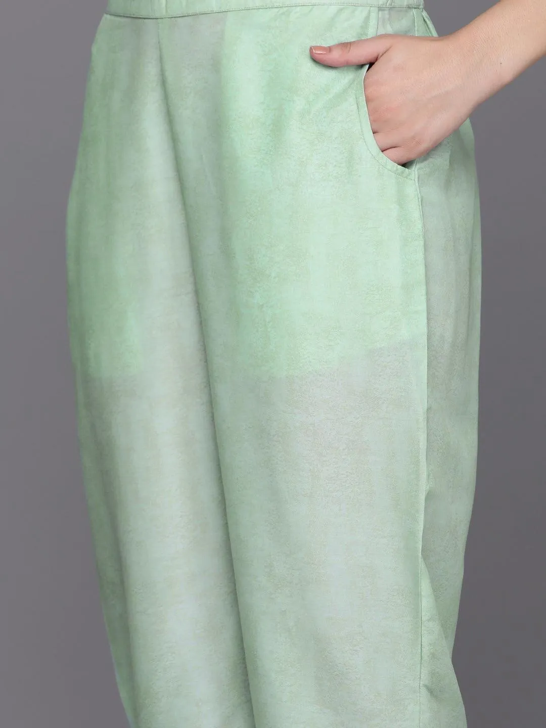 Green Printed Silk Blend Kaftan Kaftan With Trousers