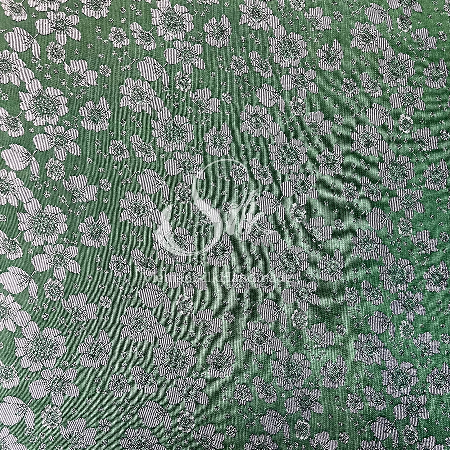 Green Silk with Gray Flowers - PURE MULBERRY SILK fabric by the yard -  Floral Silk -Luxury Silk - Natural silk - Handmade in VietNam