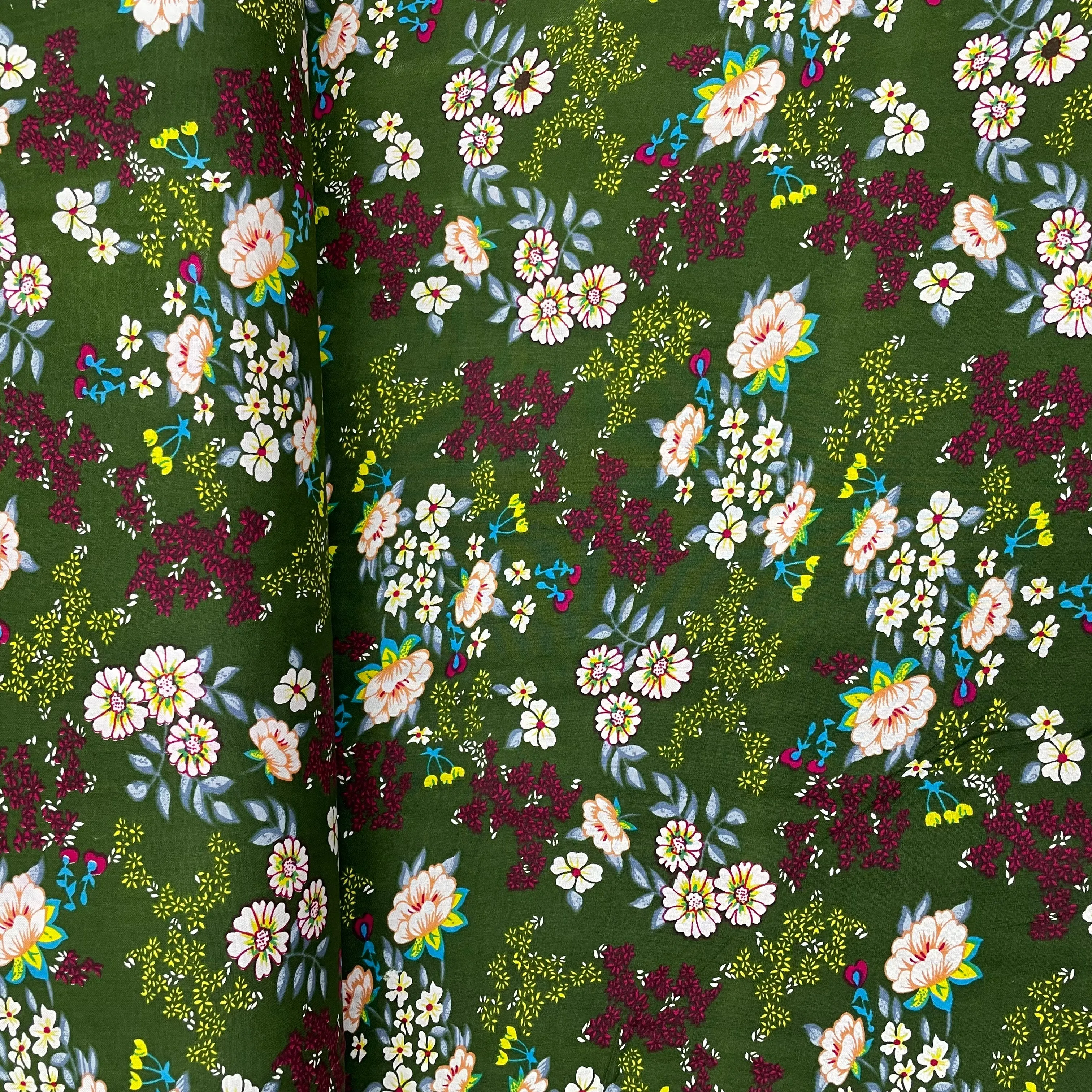 Green With White Floral Print Rayon Fabric