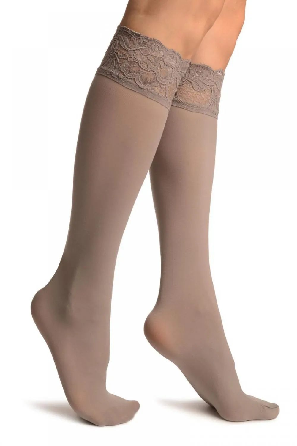 Grey Pain With Floral Silicon Lace Socks Knee High