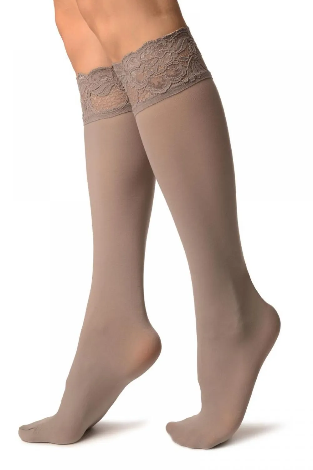 Grey Pain With Floral Silicon Lace Socks Knee High