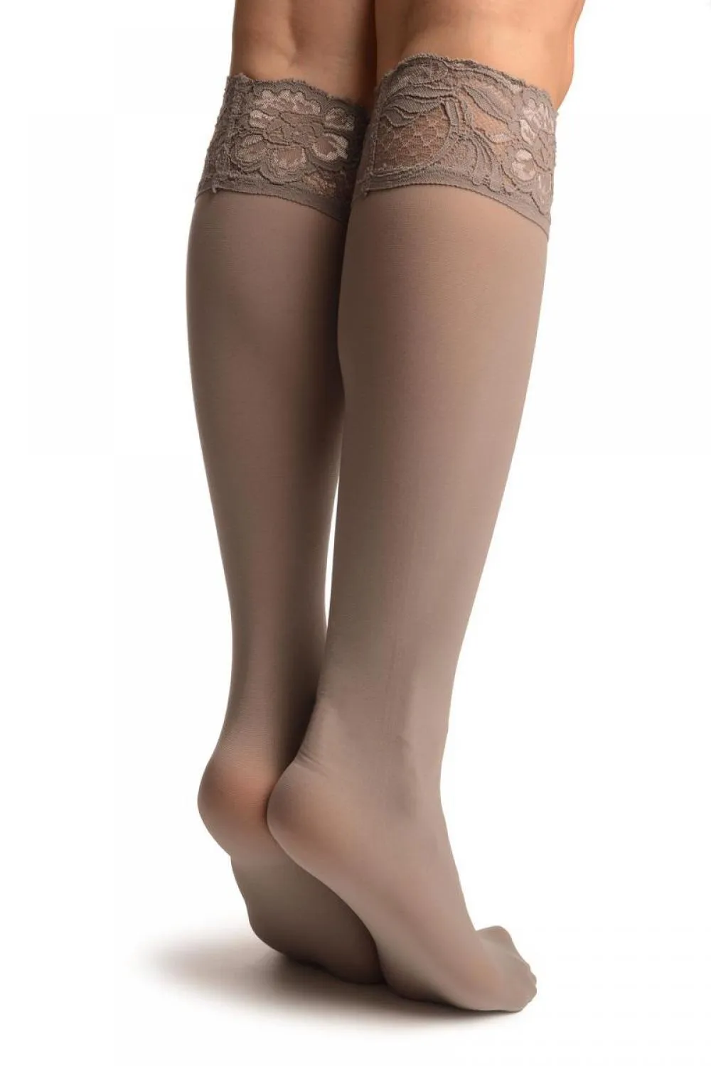 Grey Pain With Floral Silicon Lace Socks Knee High