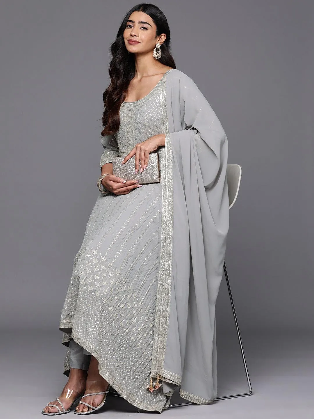 Jashvi Art Grey Embroidered Georgette Anarkali Suit With Dupatta