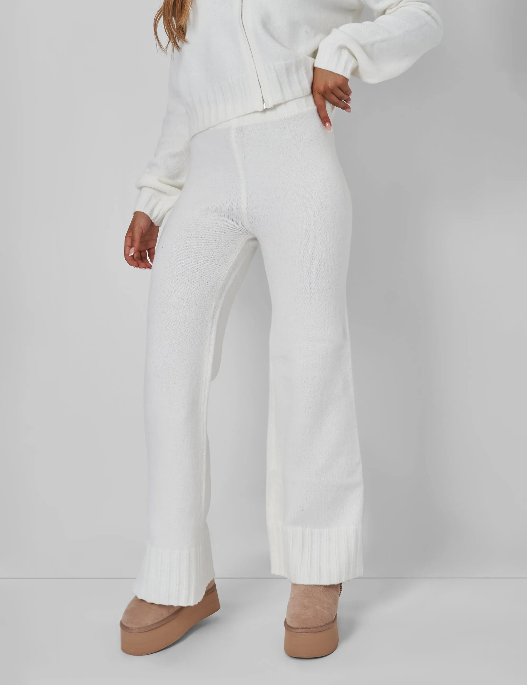 Kaiia Knitted Flared Trousers in Cream