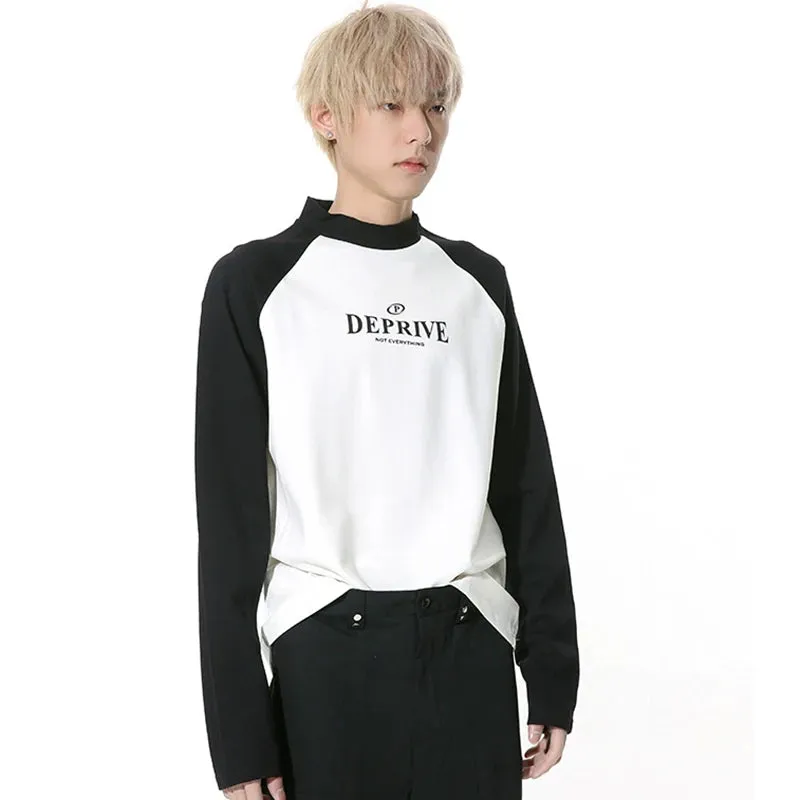 Korean Fashion Men's T-shirt Round NeckPatchwork Contrast Color Letter Printing Male Long Sleeve Tops Autumn 9C4391