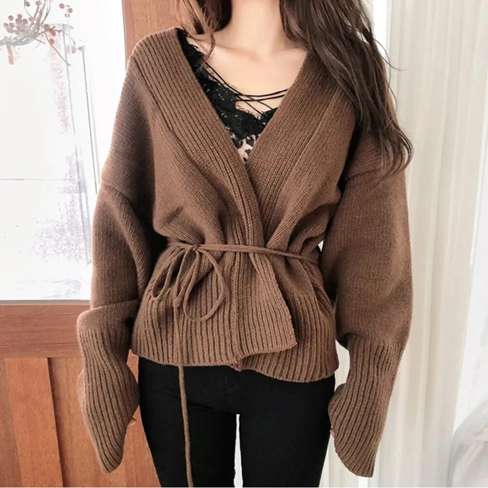 Korean Fashion Solid Sweater For Women V Neck Long Sleeve Patchwork Bandage Knitting Cardigan Female Clothing