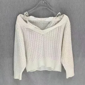 Lace Panel Knitting Sweater For Women V Neck Long Sleeve Off Shoulder Solid Minimalsit Loose Pullover Female Style