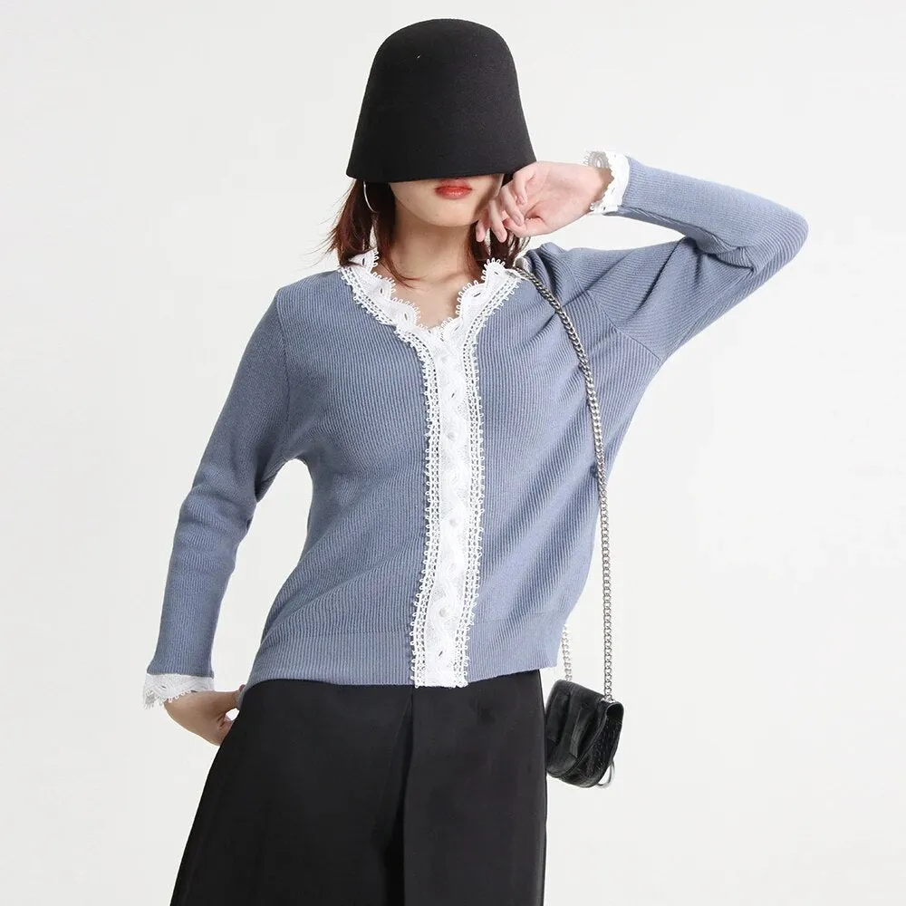 Lace Trim Slim Sweater For Women V Neck Long Sleeve Knitting Single Breasted Cardigan Female Autumn Clothing